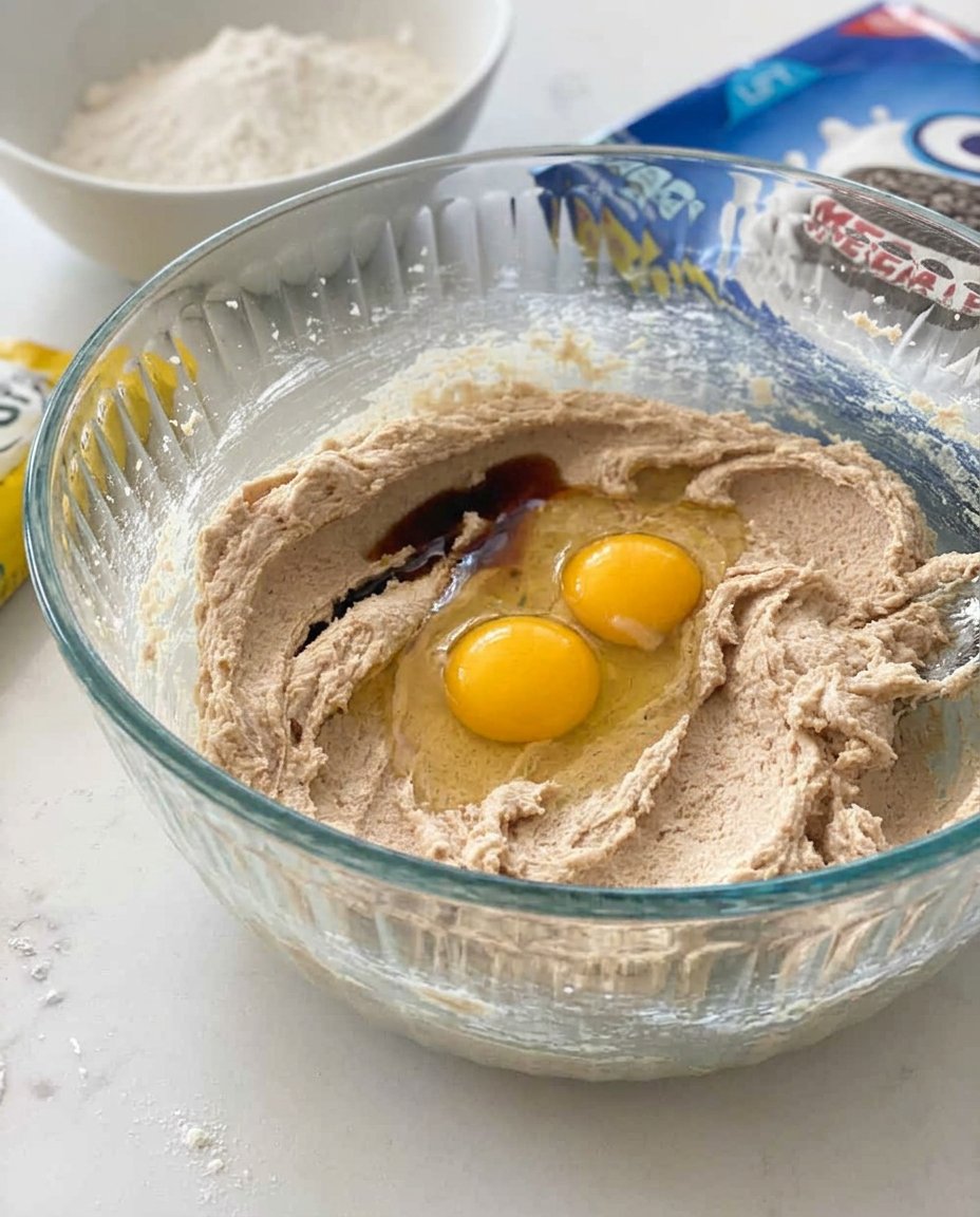Hand wrapping chocolate chip dough around an Oreo cookie