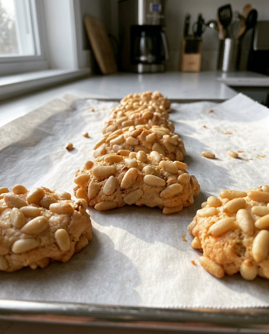 A plate of golden pignoli cookies coated in toasted pine nuts