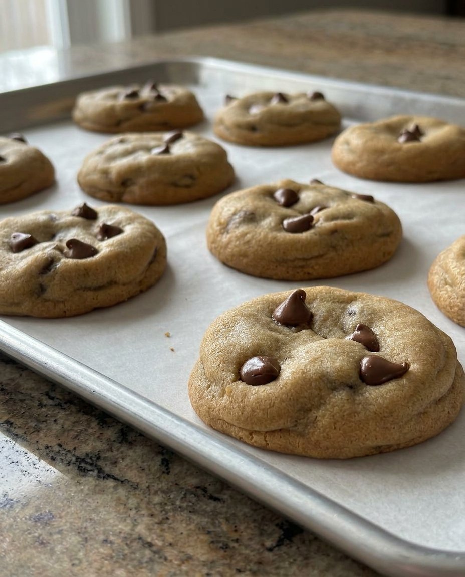 A stack of thick bakery style chocolate chip cookies with melted chocolate chips