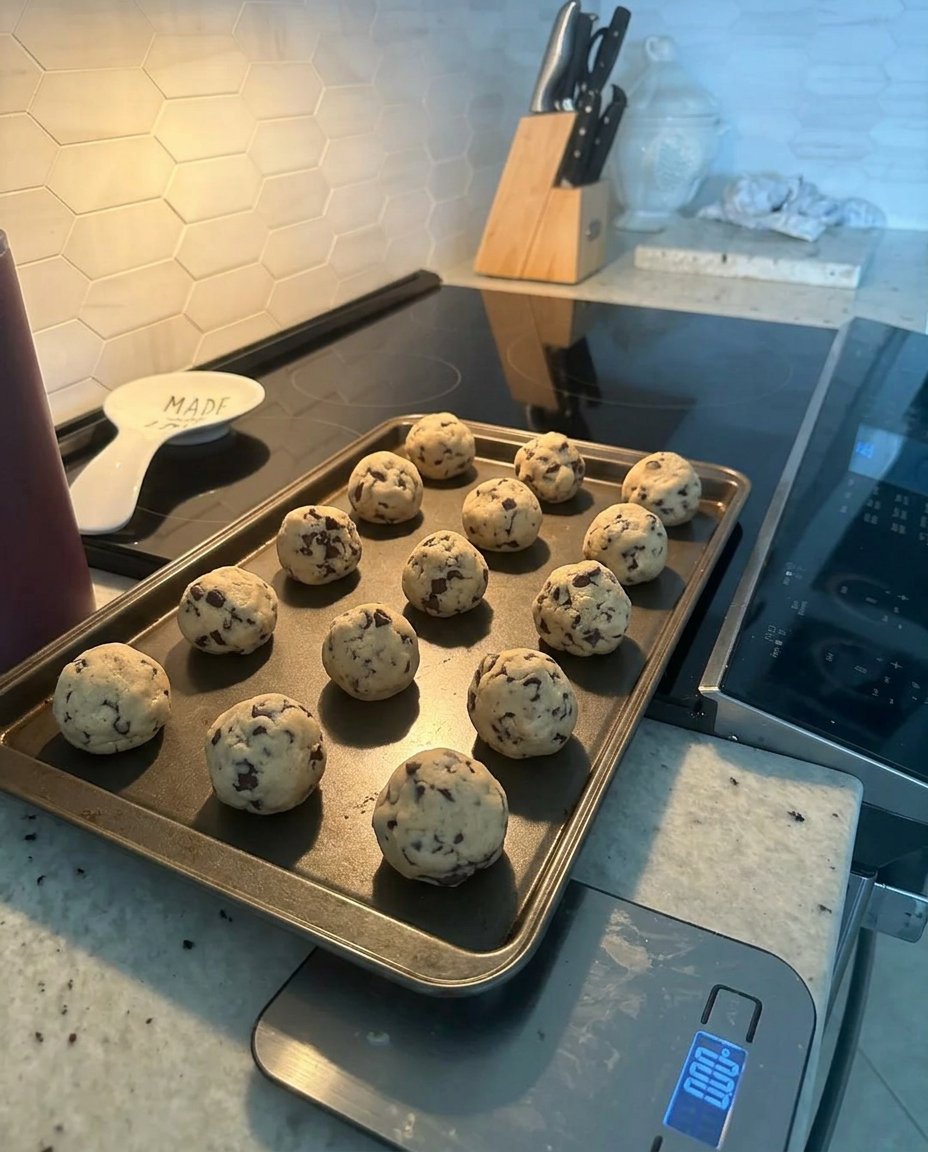 Large 3 ounce dough balls of chocolate chip cookies on a tray