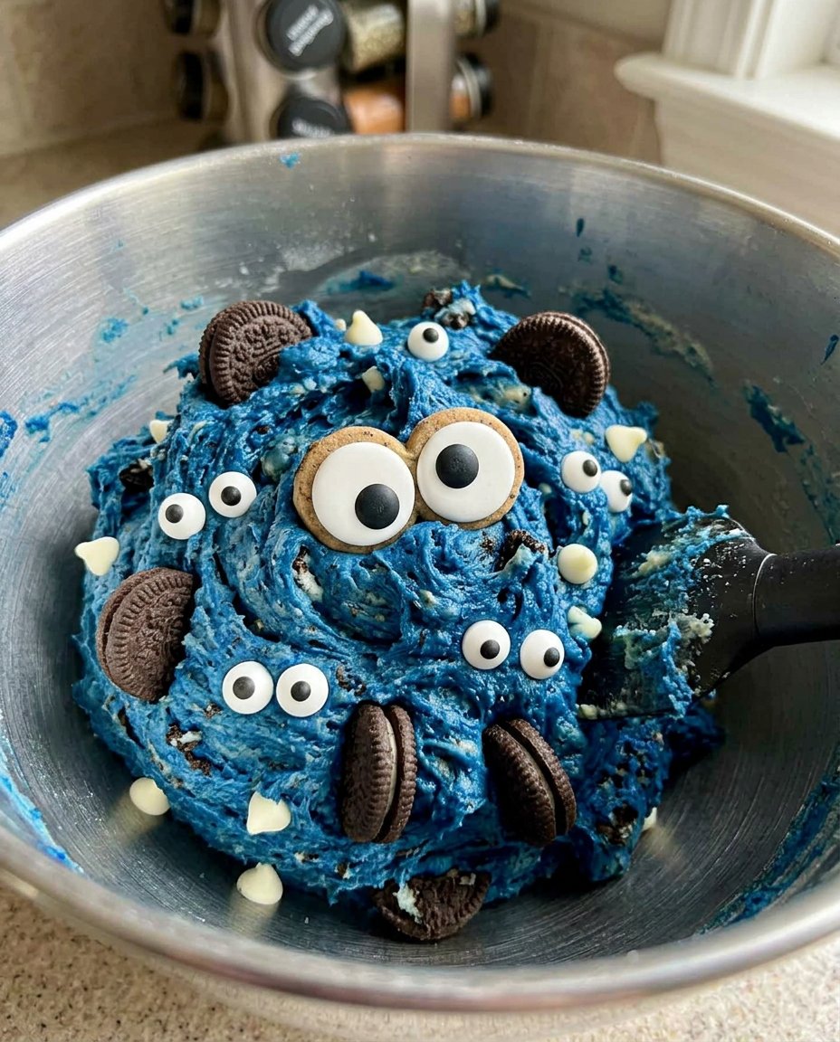 Blue cookie dough balls being rolled in cookie crumbs