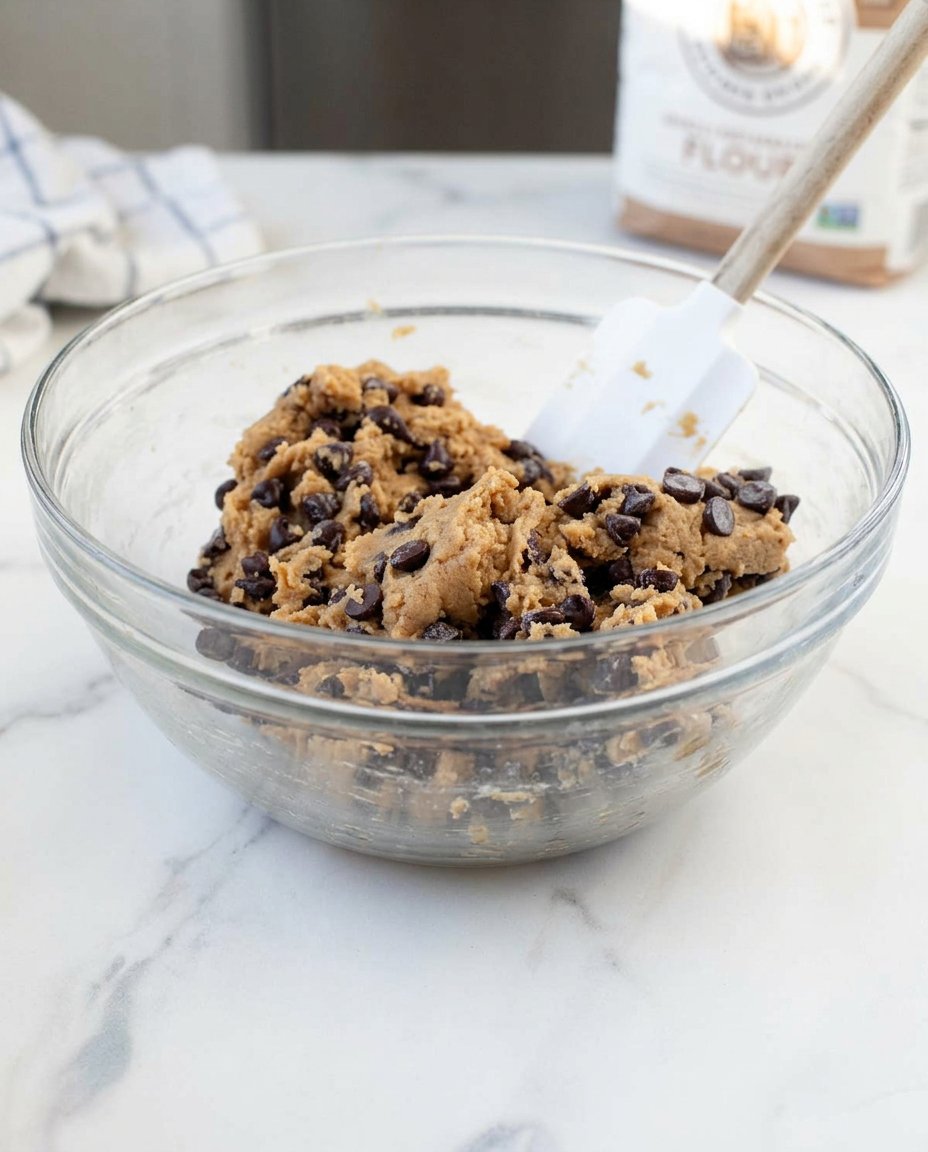 Close up of chocolate cookie dough being scooped onto a parchment lined baking sheet