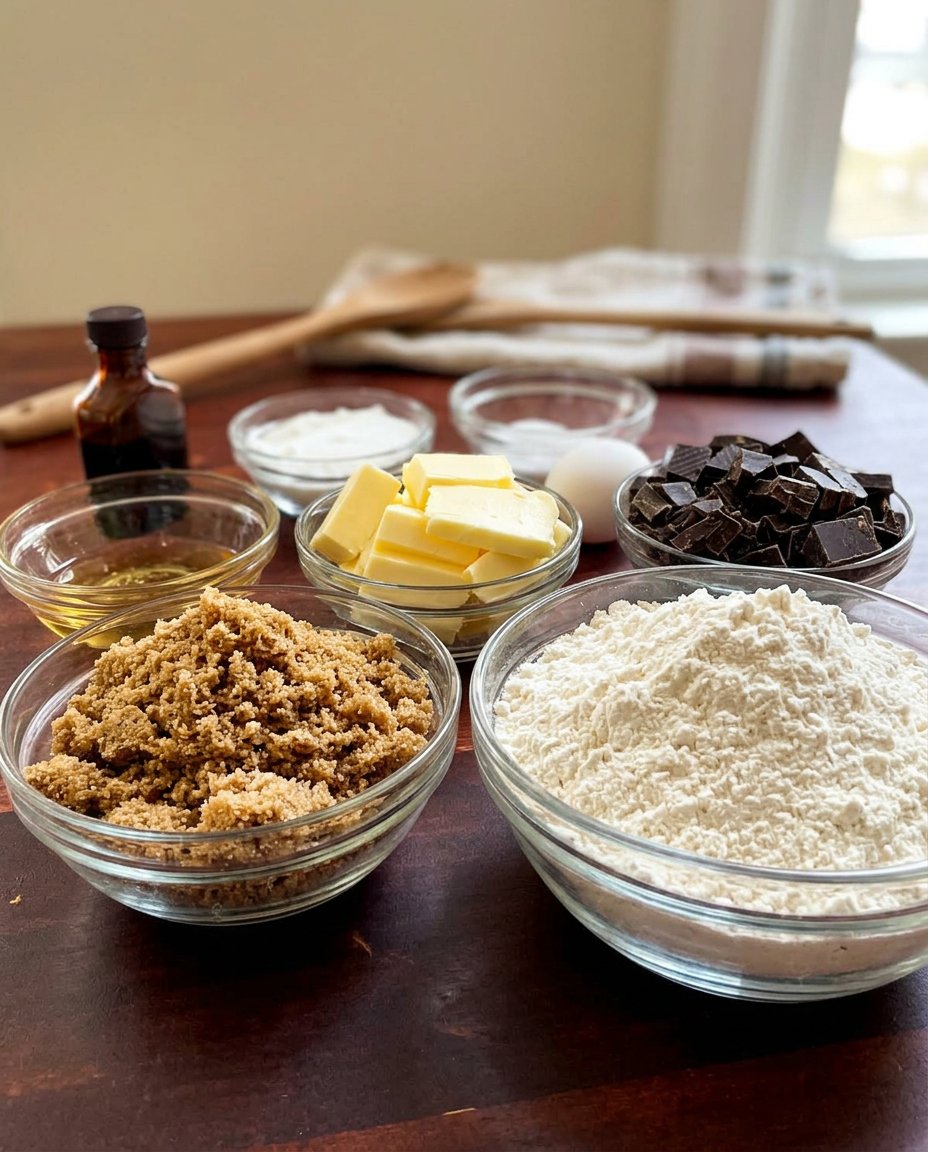 Ingredients for baking cookies aesthetic including dark chocolate bars and brown sugar