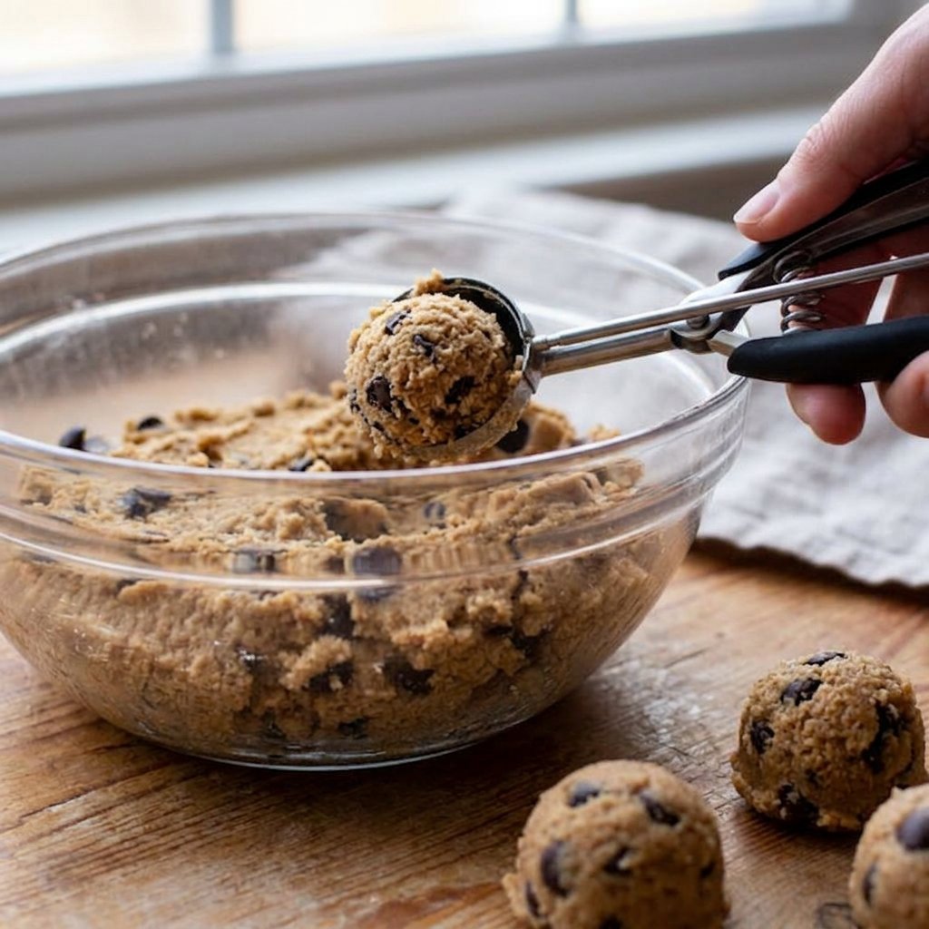 Chocolate chip cookies browning in the oven on a baking sheet