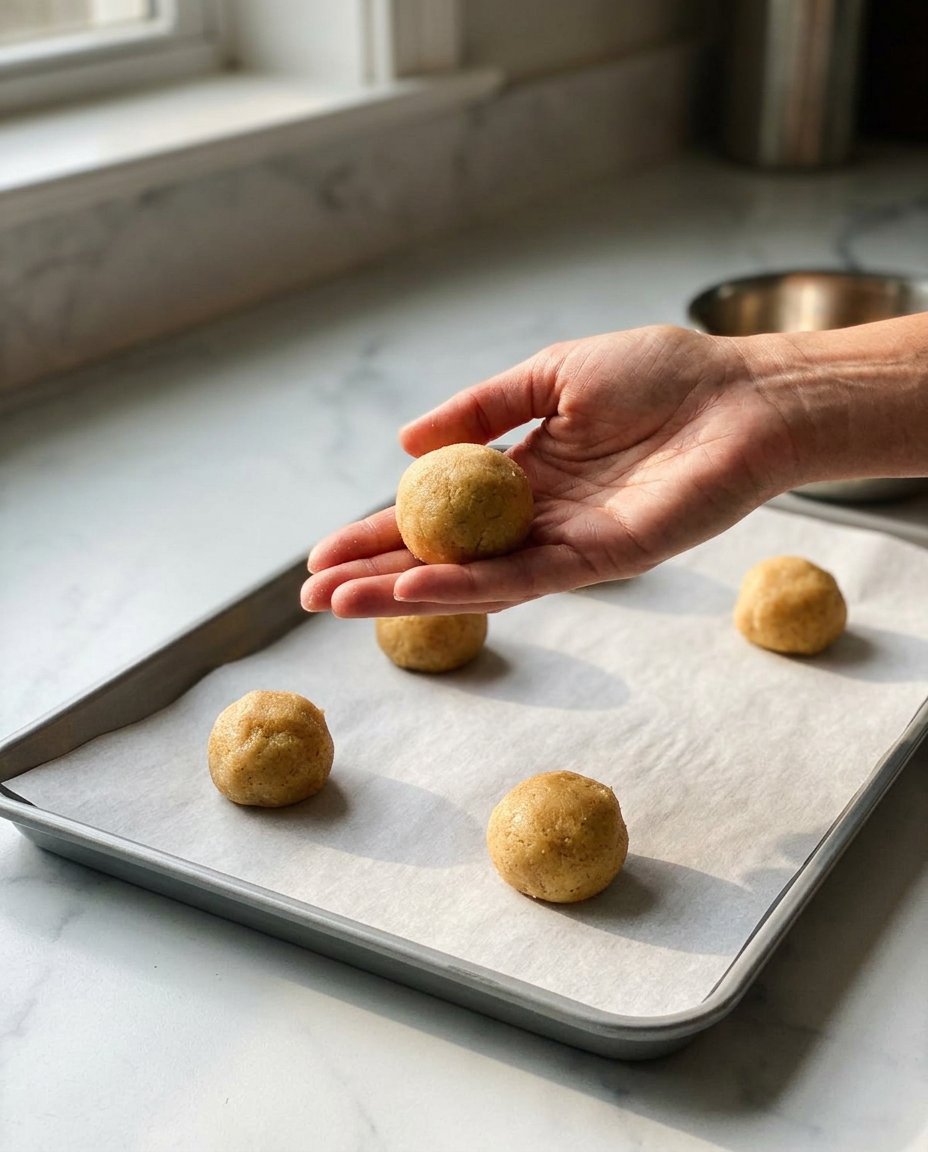 Gluten free snickerdoodle dough balls coated in cinnamon sugar on a baking sheet