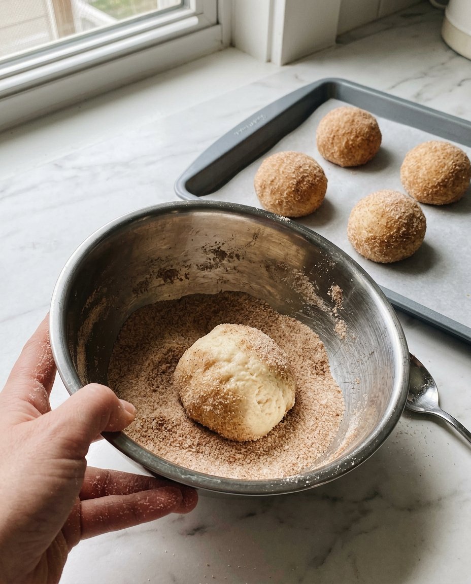 A close up of snickerdoodle cookie dough being rolled in cinnamon sugar