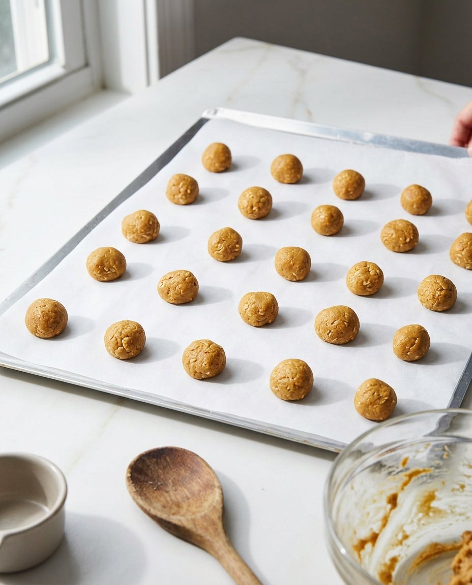 Oatmeal cookie dough balls spaced out on a baking sheet with parchment paper