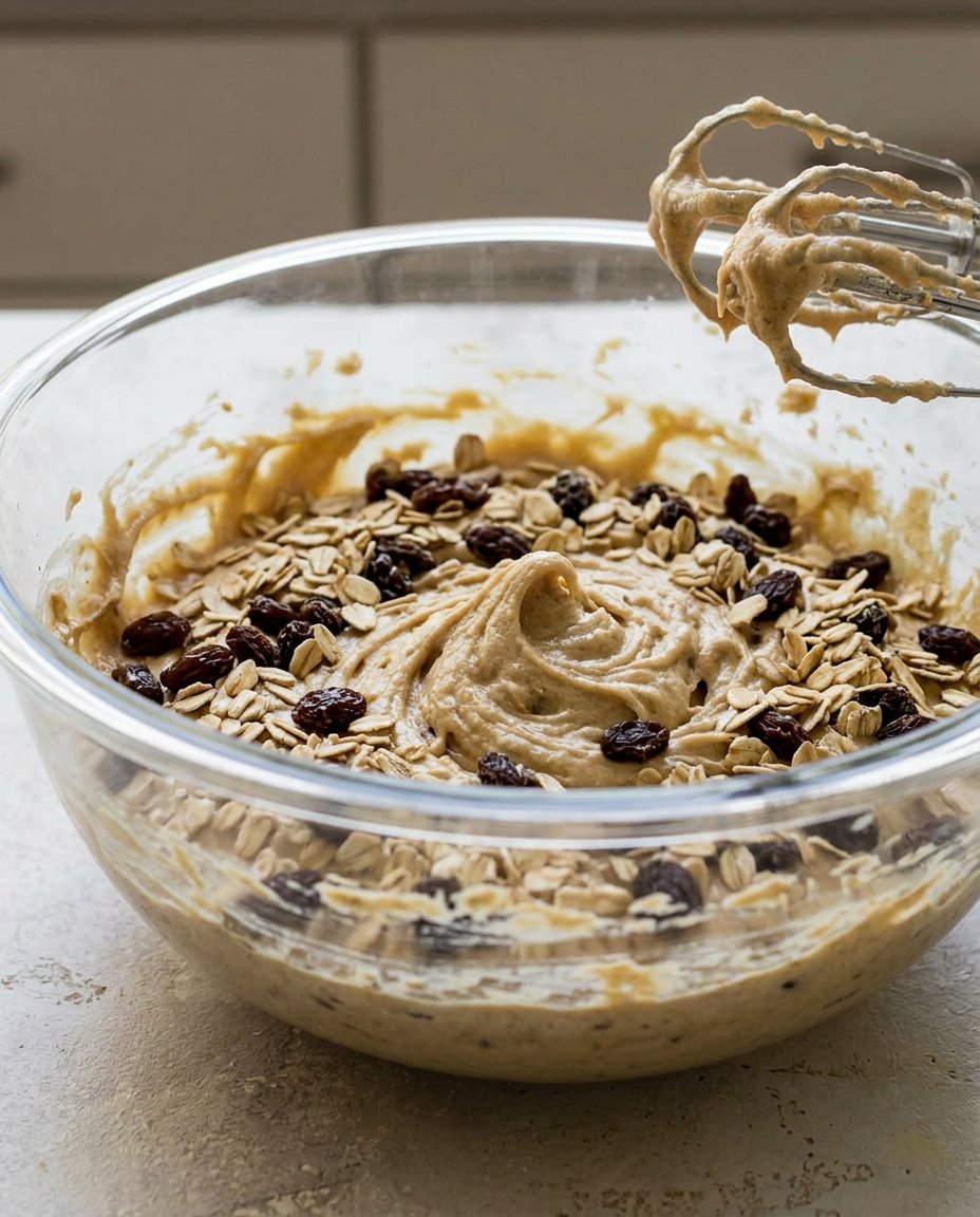 A hand scooping thick oatmeal raisin cookie dough onto a baking sheet.