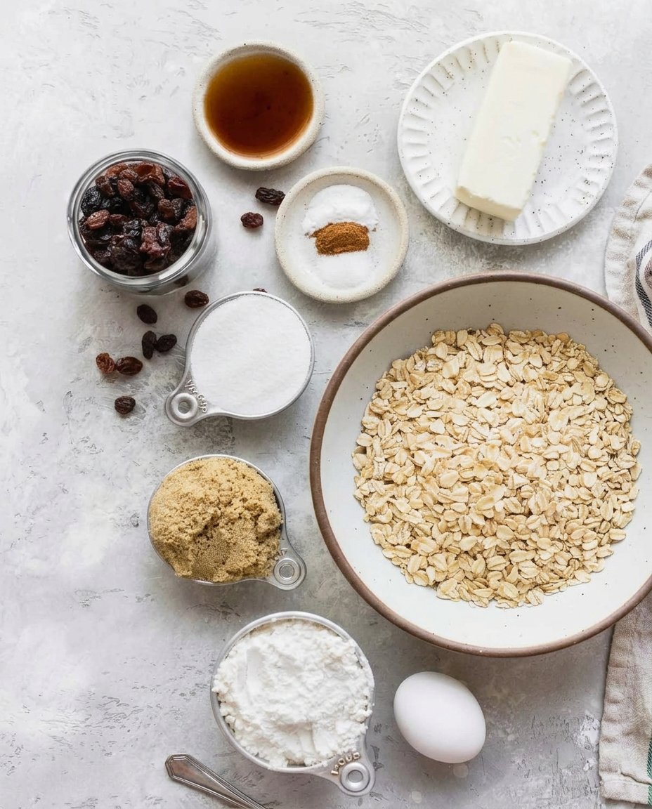 Freshly baked oatmeal raisin cookies on a baking sheet