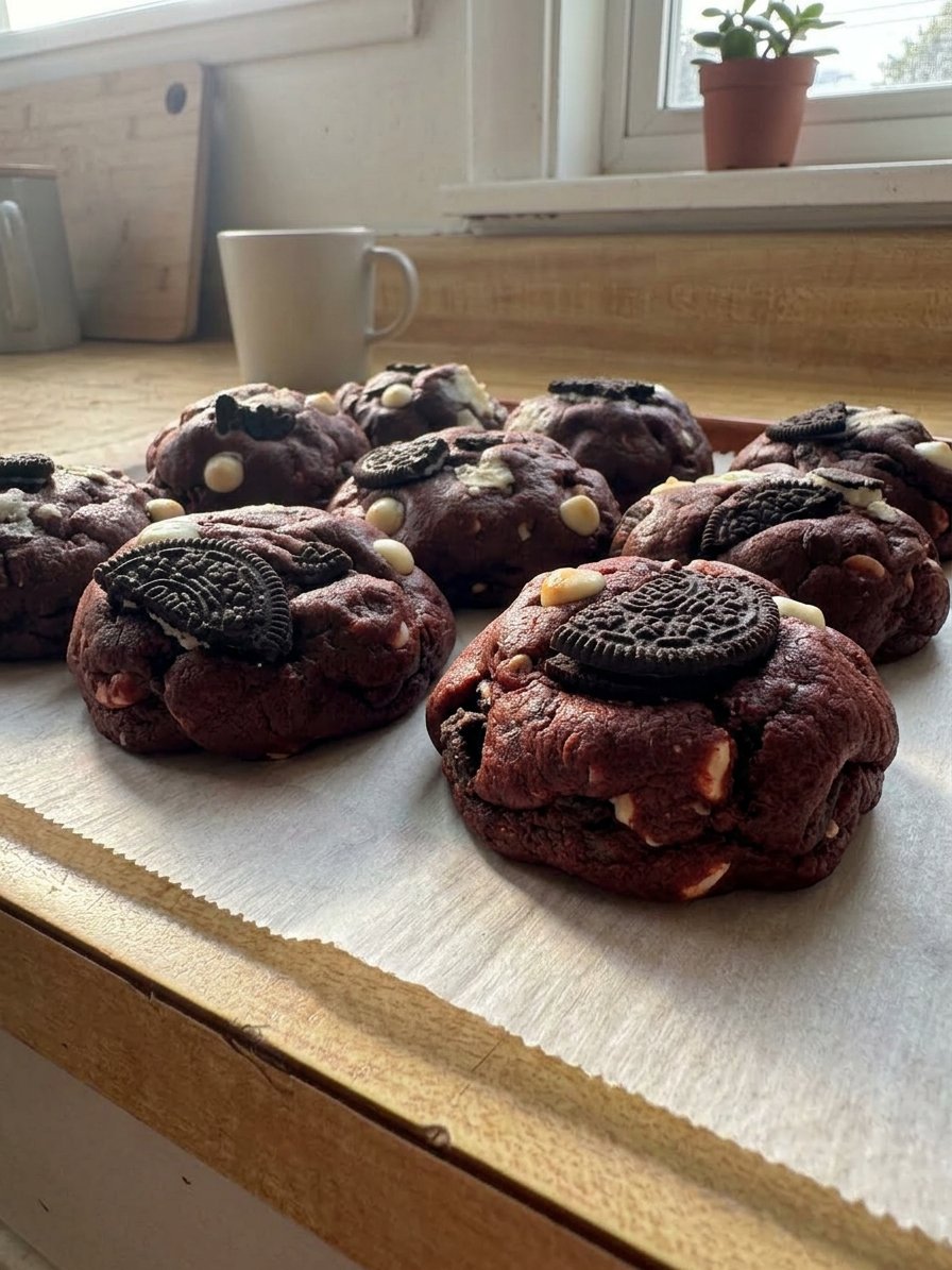 Chilled red velvet cookie dough balls on a tray