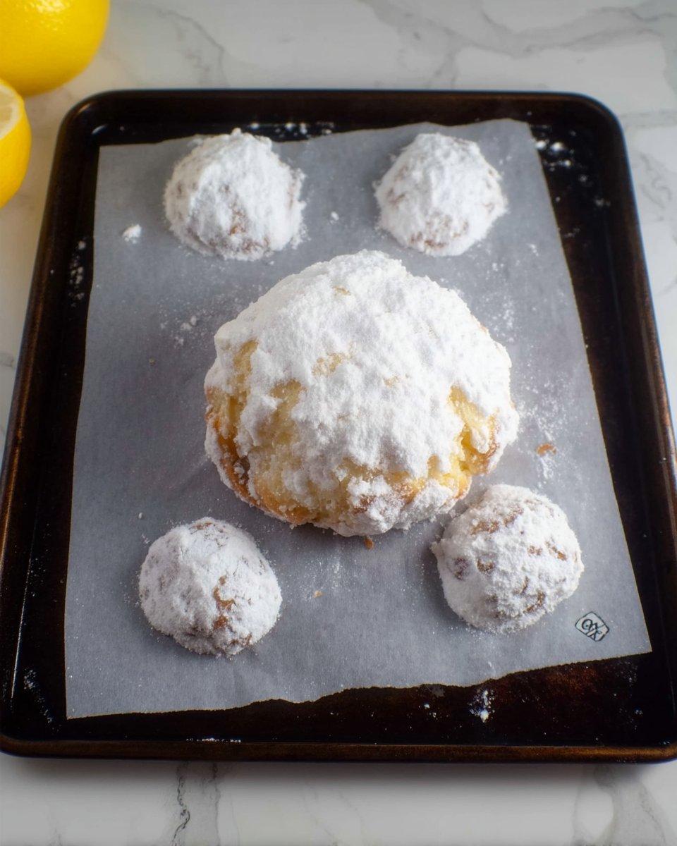 Snowball cookies being rolled in powdered sugar while warm