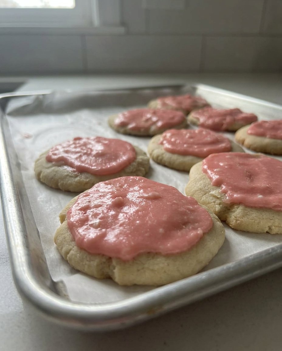 Freshly baked sugar cookies cooling on a baking sheet
