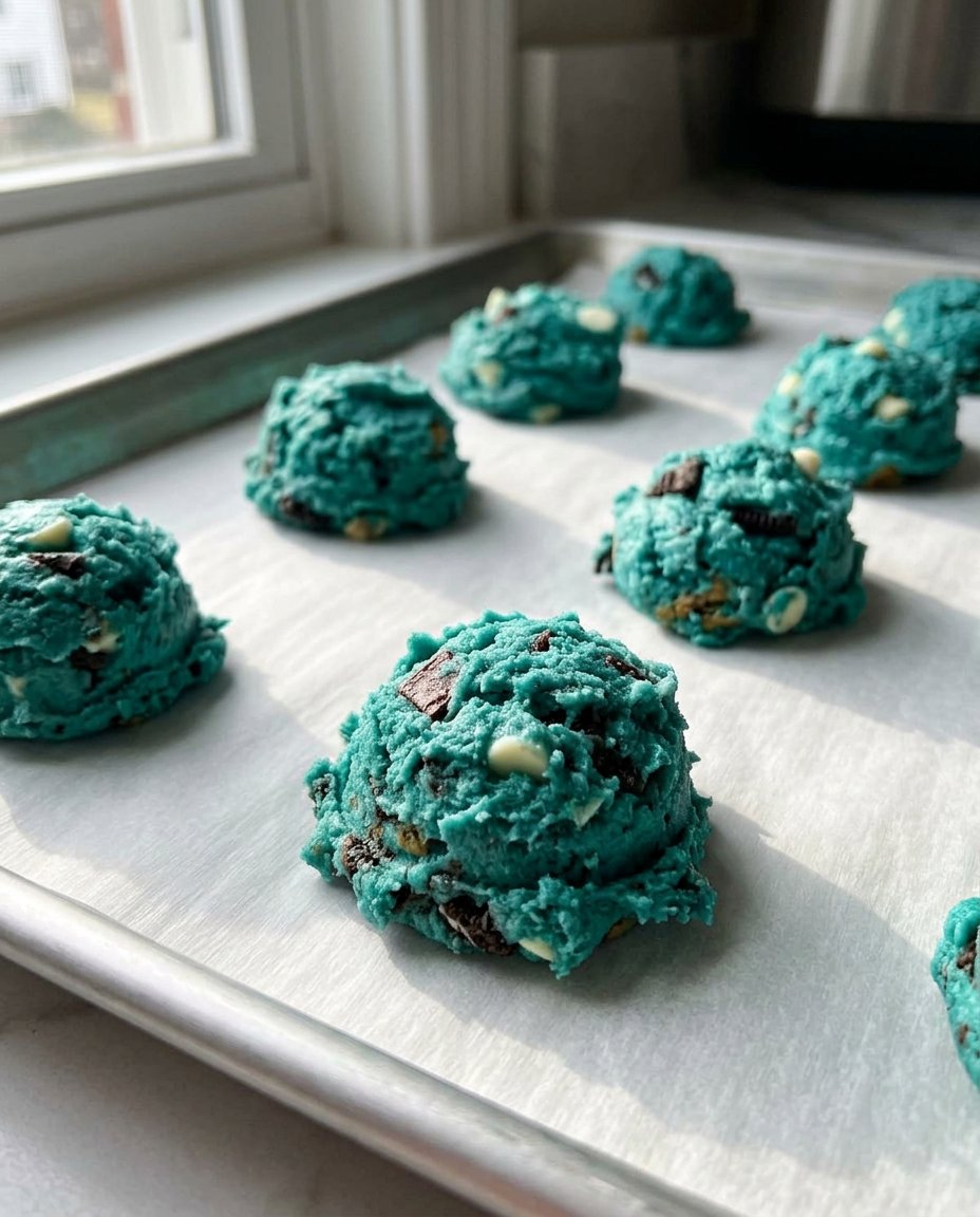 A tray of blue character cookies being prepared for the oven