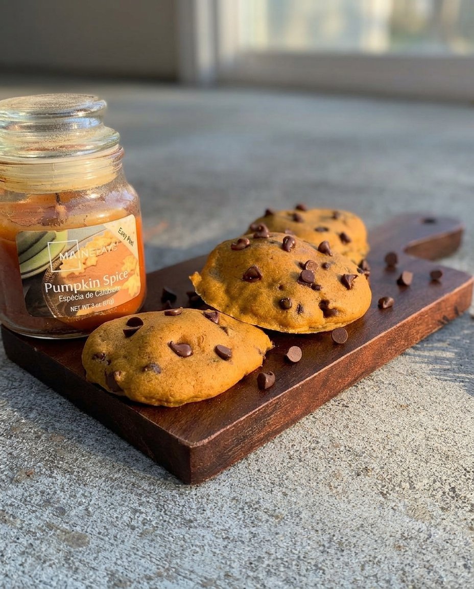 Freshly baked pumpkin chocolate chip cookies on a cooling rack