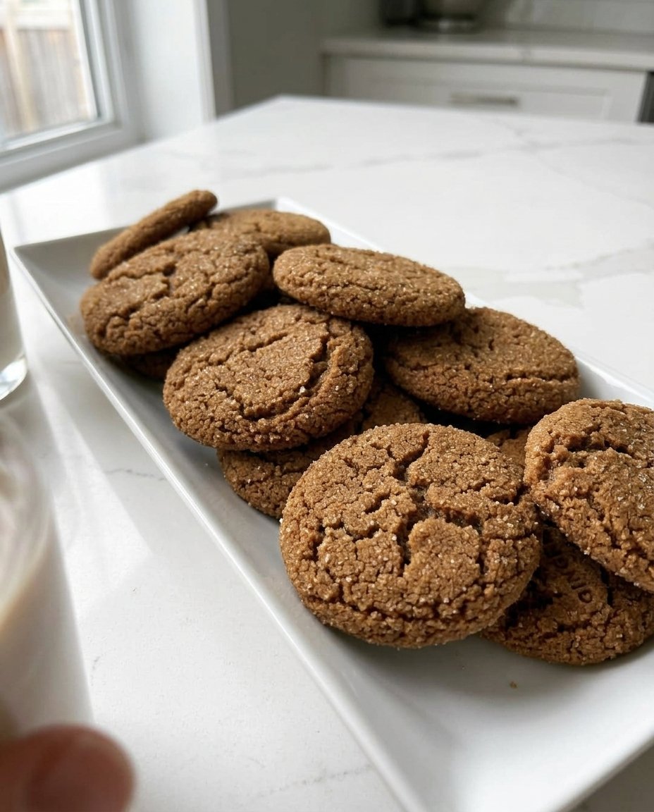 A tray of big chewy ginger cookies cooling on a wire rack