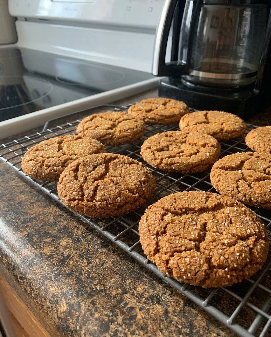 A pile of big chewy ginger cookies with crackled tops on a wire cooling rack
