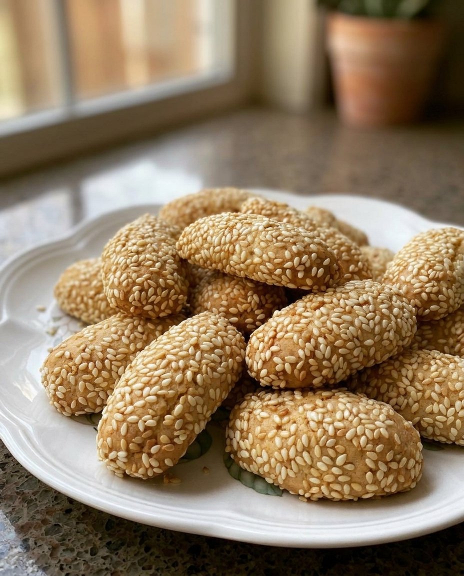 A plate of sesame cookies next to a steaming cup of coffee
