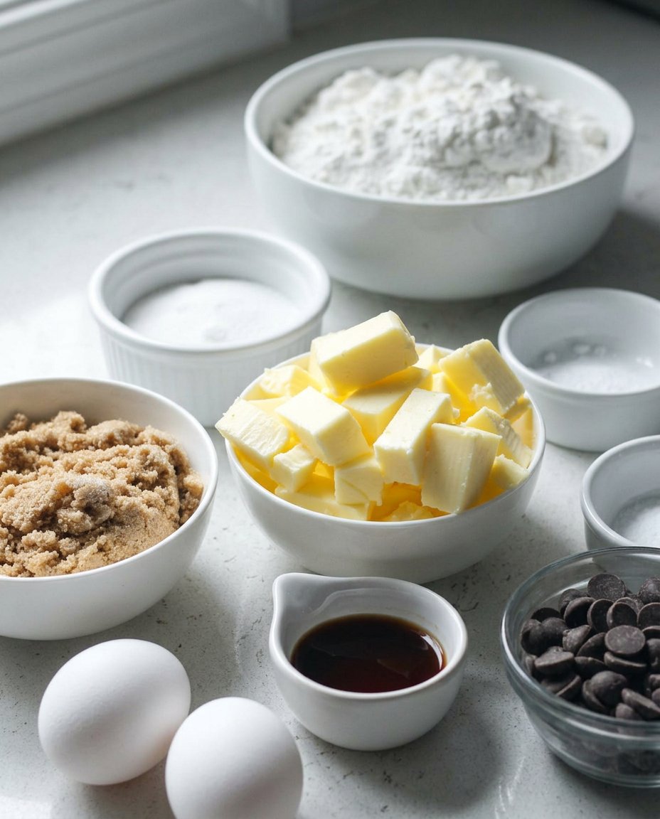 Ingredients for soft batch cookies including brown butter, sour cream, and flour.