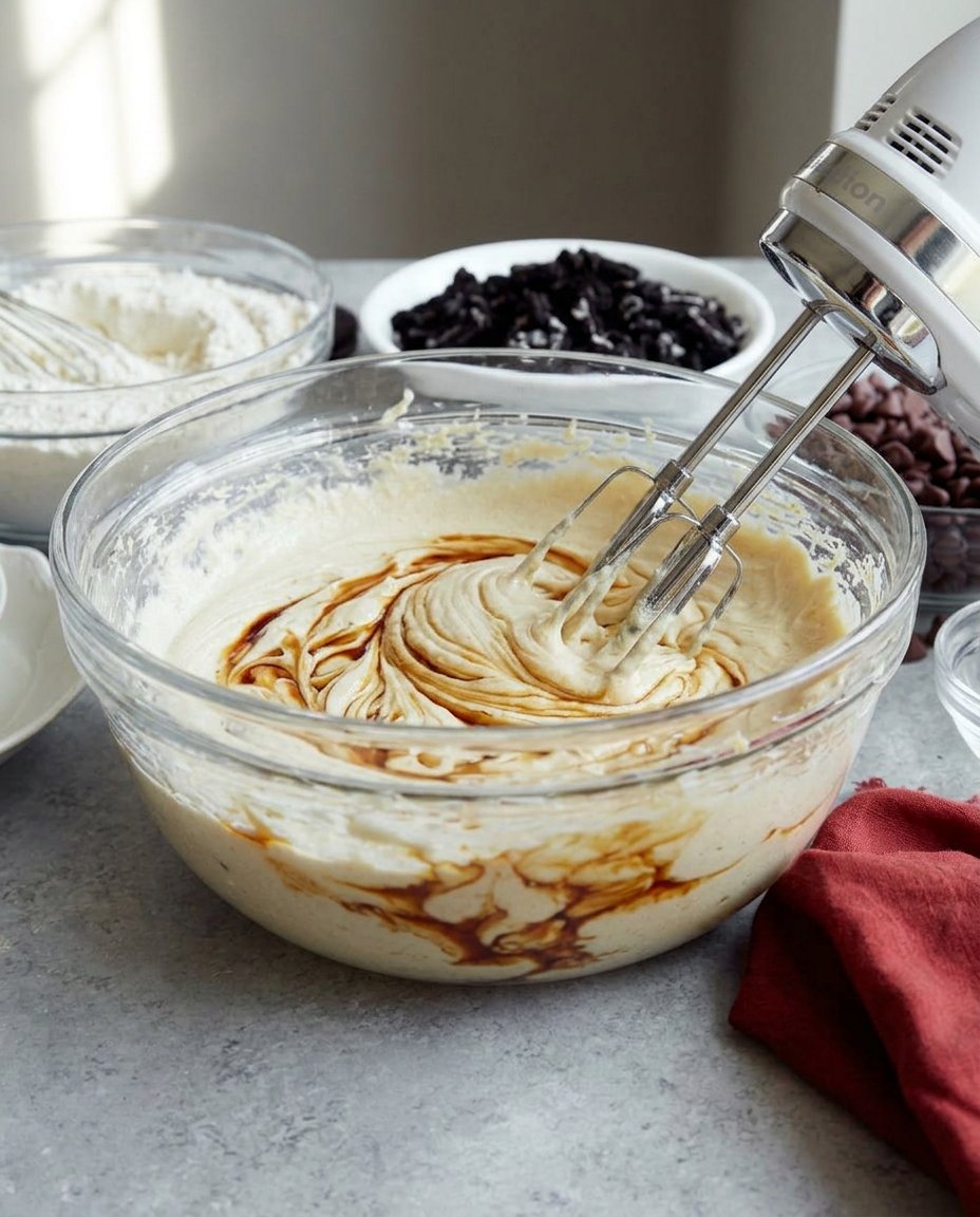 Brownie cookie dough in a glass bowl after chilling