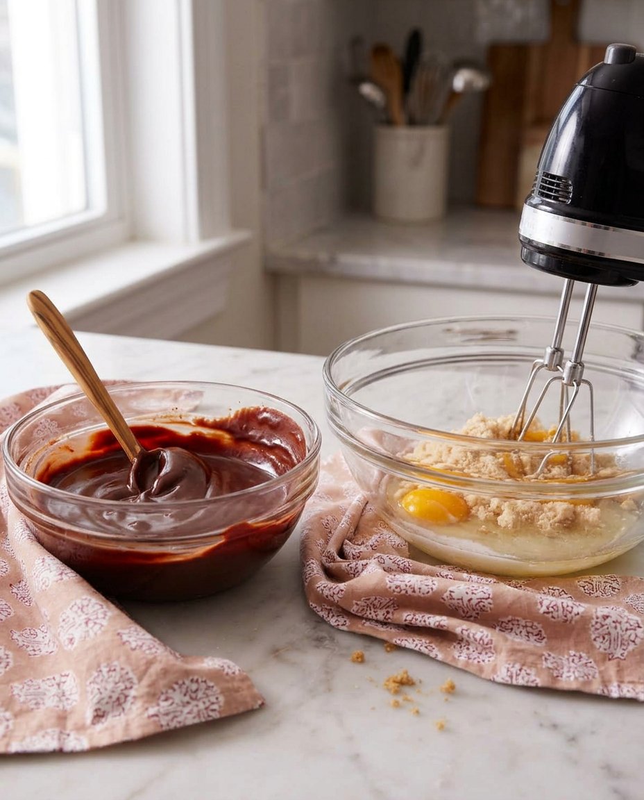 Ingredients for brownie cookies including bittersweet chocolate and cocoa powder