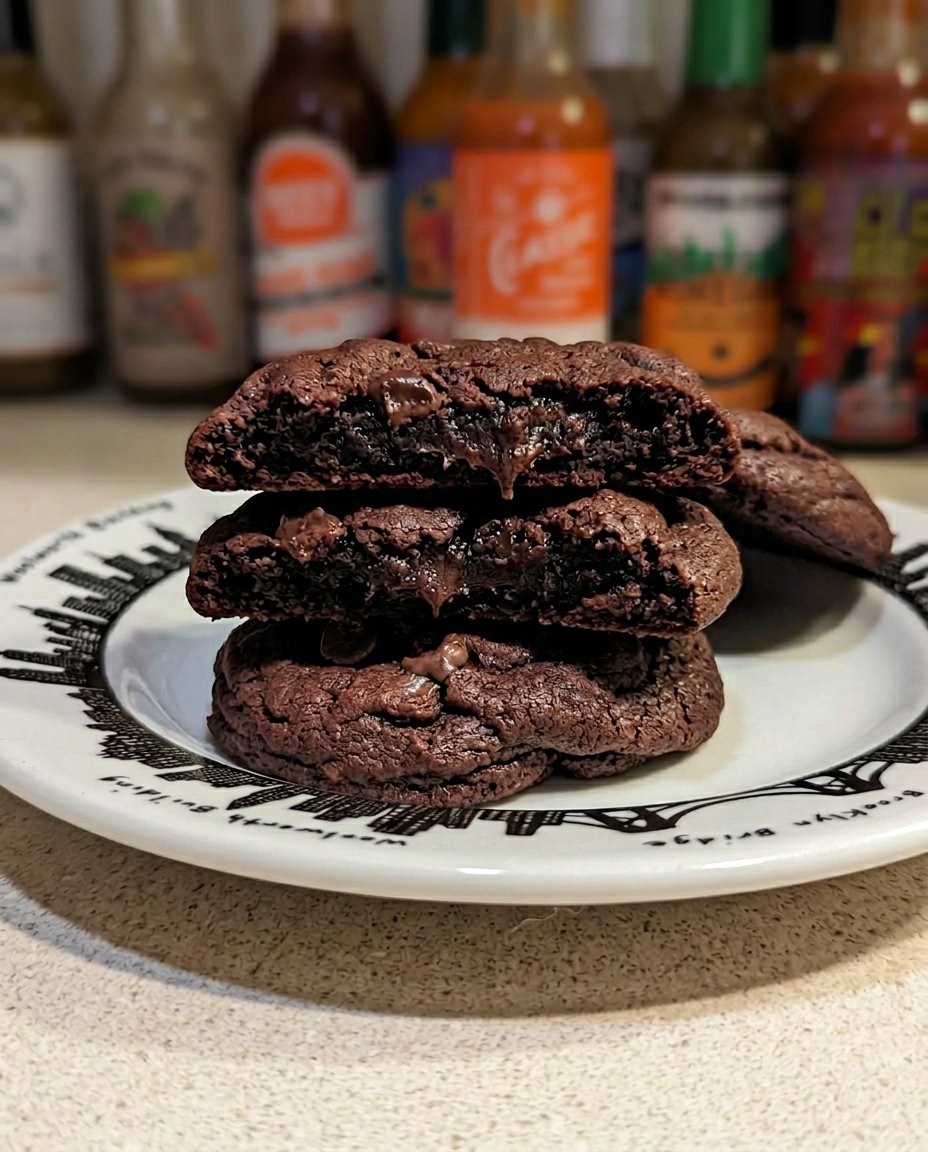 Fudgy brownie cookies with crackly tops on a cooling rack