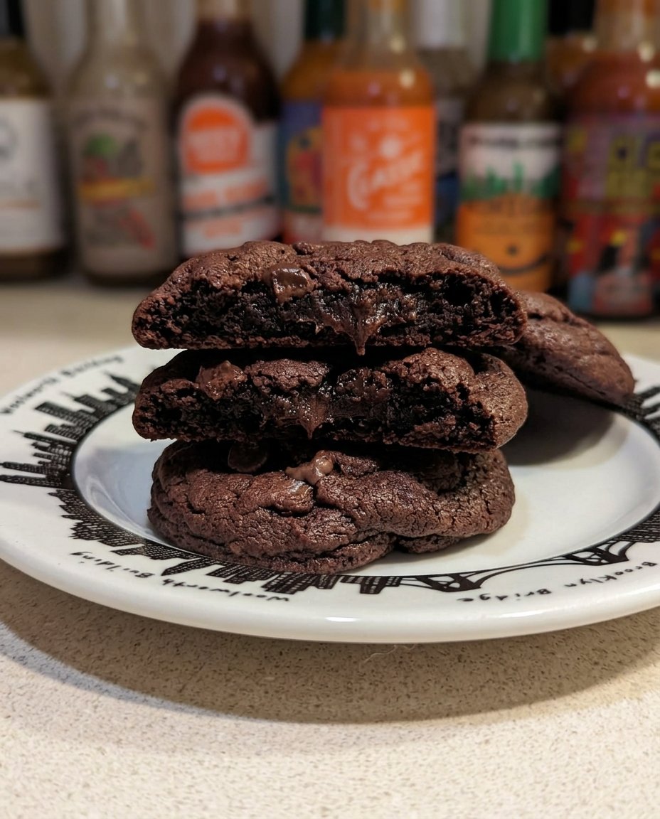 Stack of brownie cookies next to a cold glass of milk