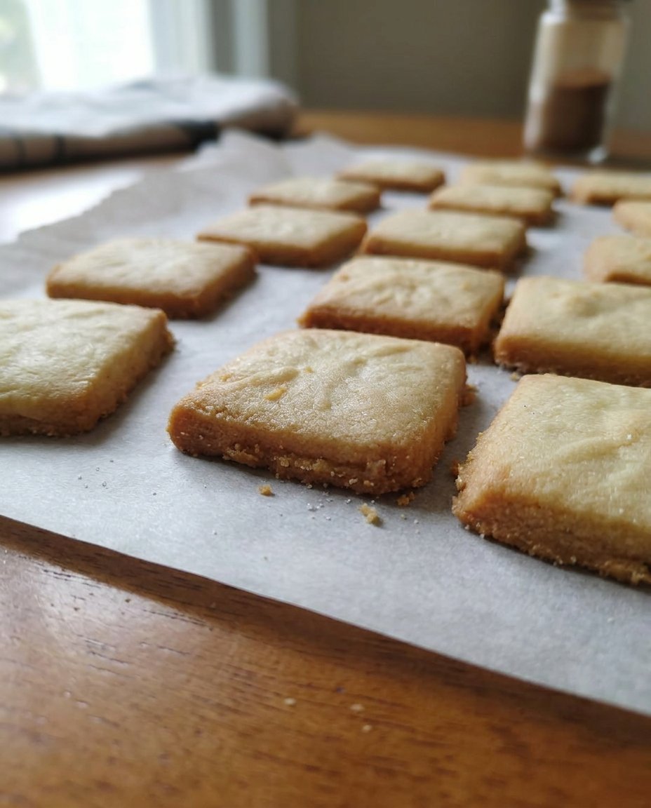 A stack of golden brown shortbread cookies with a fork pattern on top