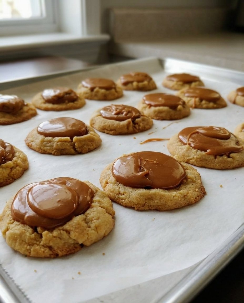 A tray of chocolate cookies with golden caramel centers cooling on a white counter