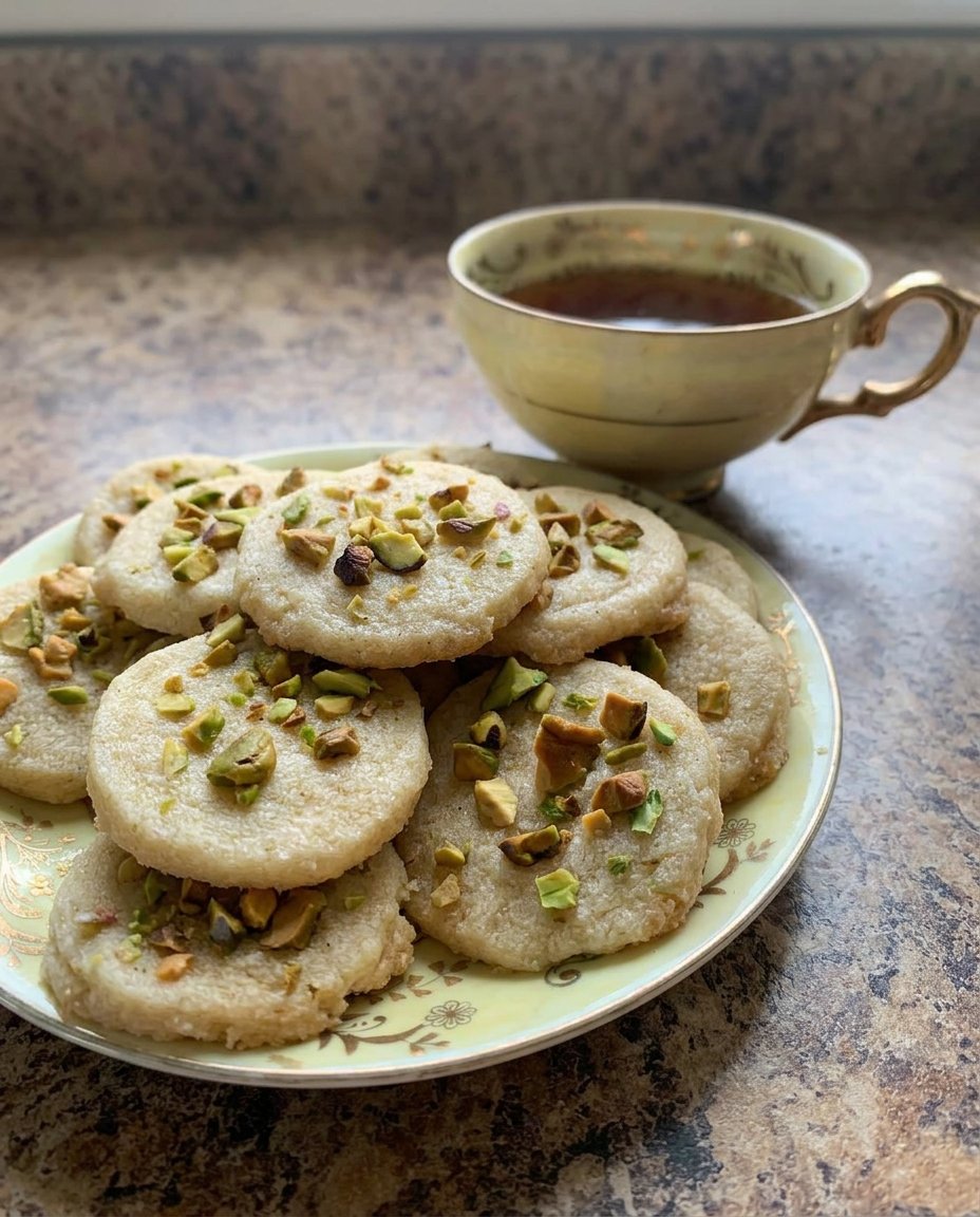 Soft cardamom pistachio cookies with a spiced orange sugar coating