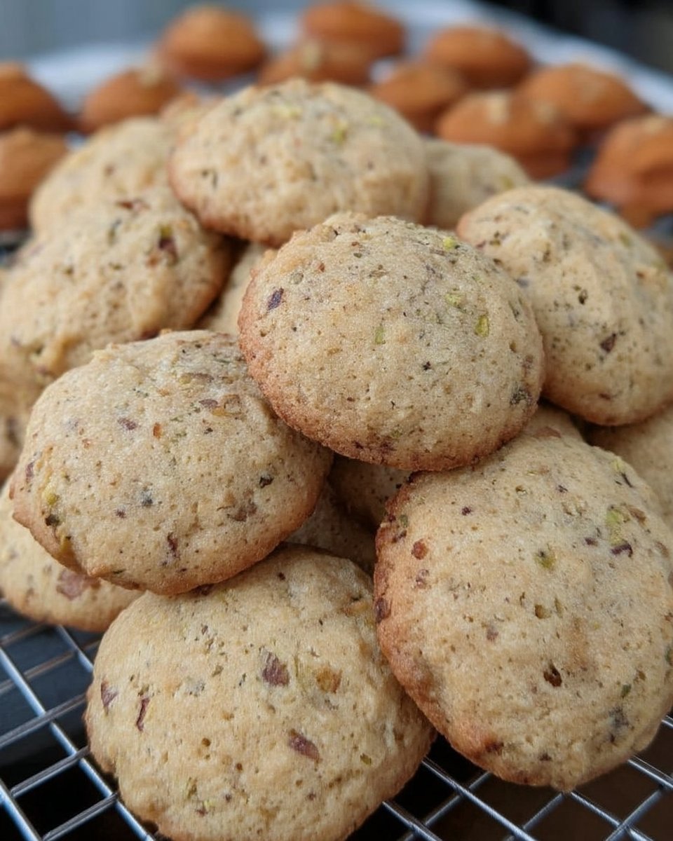 A tray of Cardamom Pistachio Cookies showing golden edges and pale centers