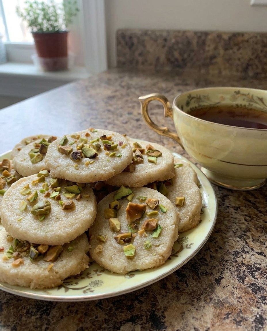 Cardamom pistachio cookies served on a plate with a cup of chai tea