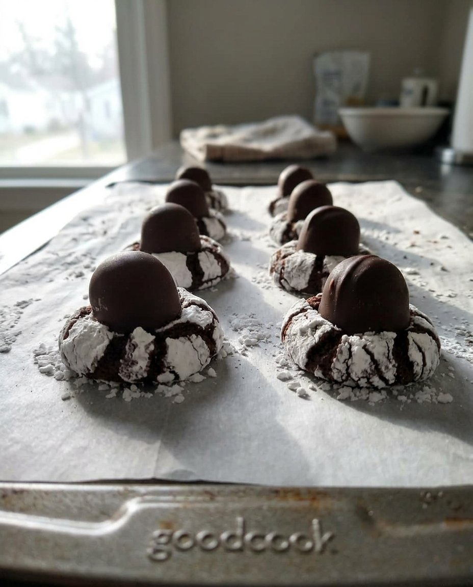 A tray of cherry cordial cookies with chocolate centers and white chocolate drizzle