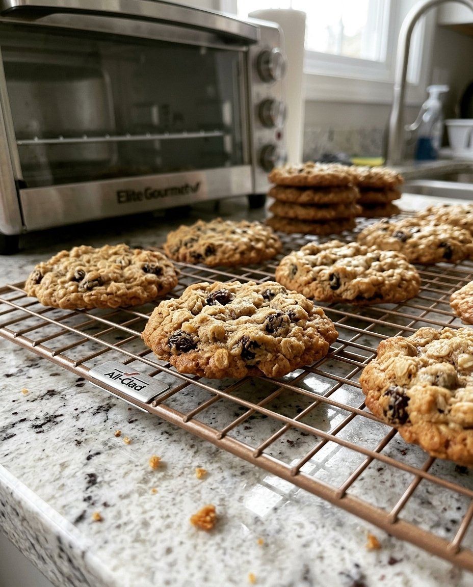 A stack of chewy oatmeal raisin cookies on a wooden board