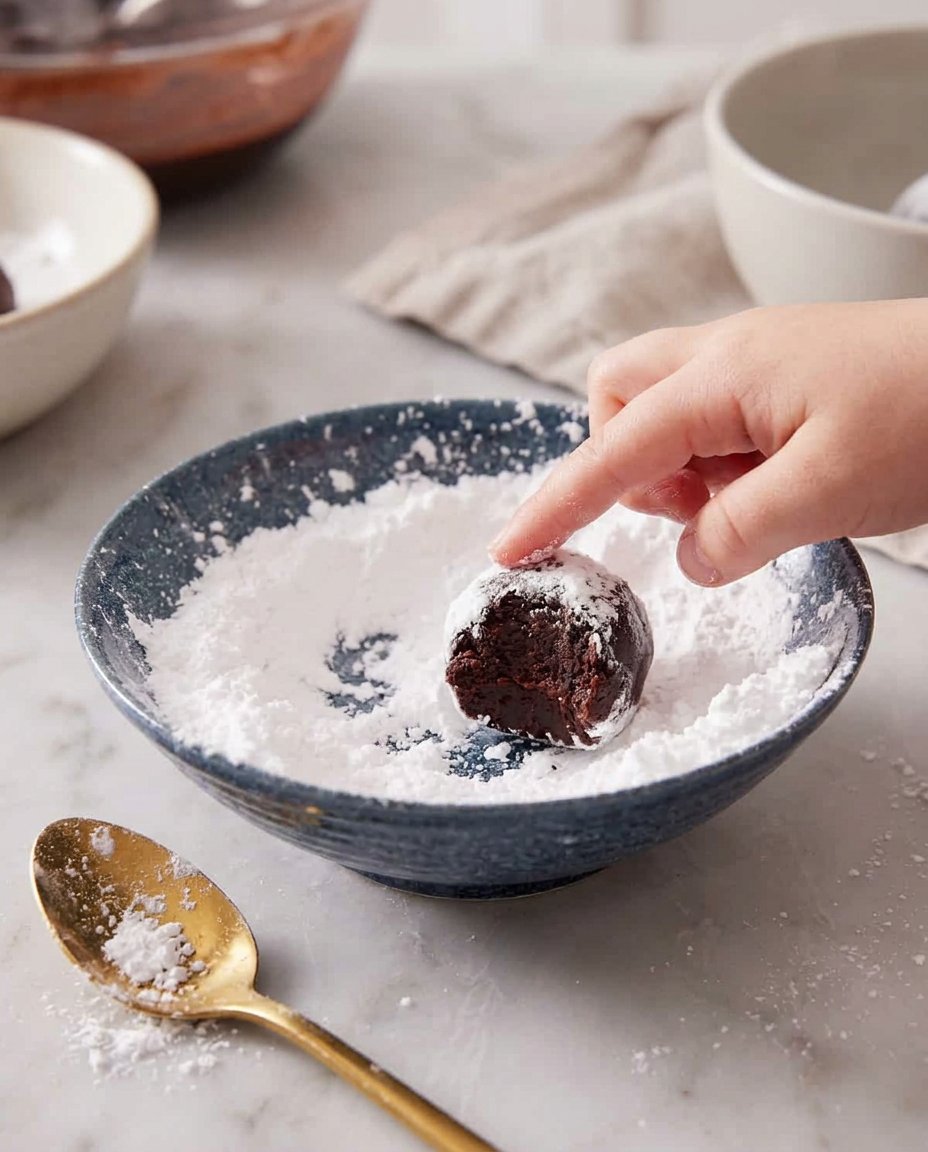 A hand rolling a dark chocolate dough ball in a bowl of white powdered sugar