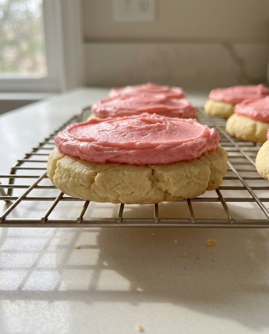 A stack of pink frosted sugar cookies on a white plate