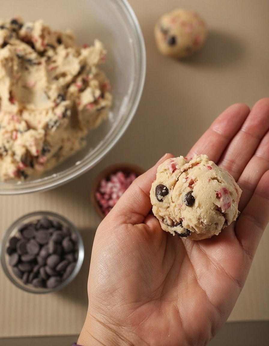 Uniformly scooped and chilled peppermint chocolate chip cookie dough rounds