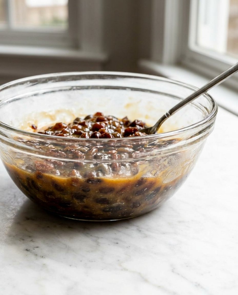Uniform balls of spiced cookie dough being assembled with a raisin filling.