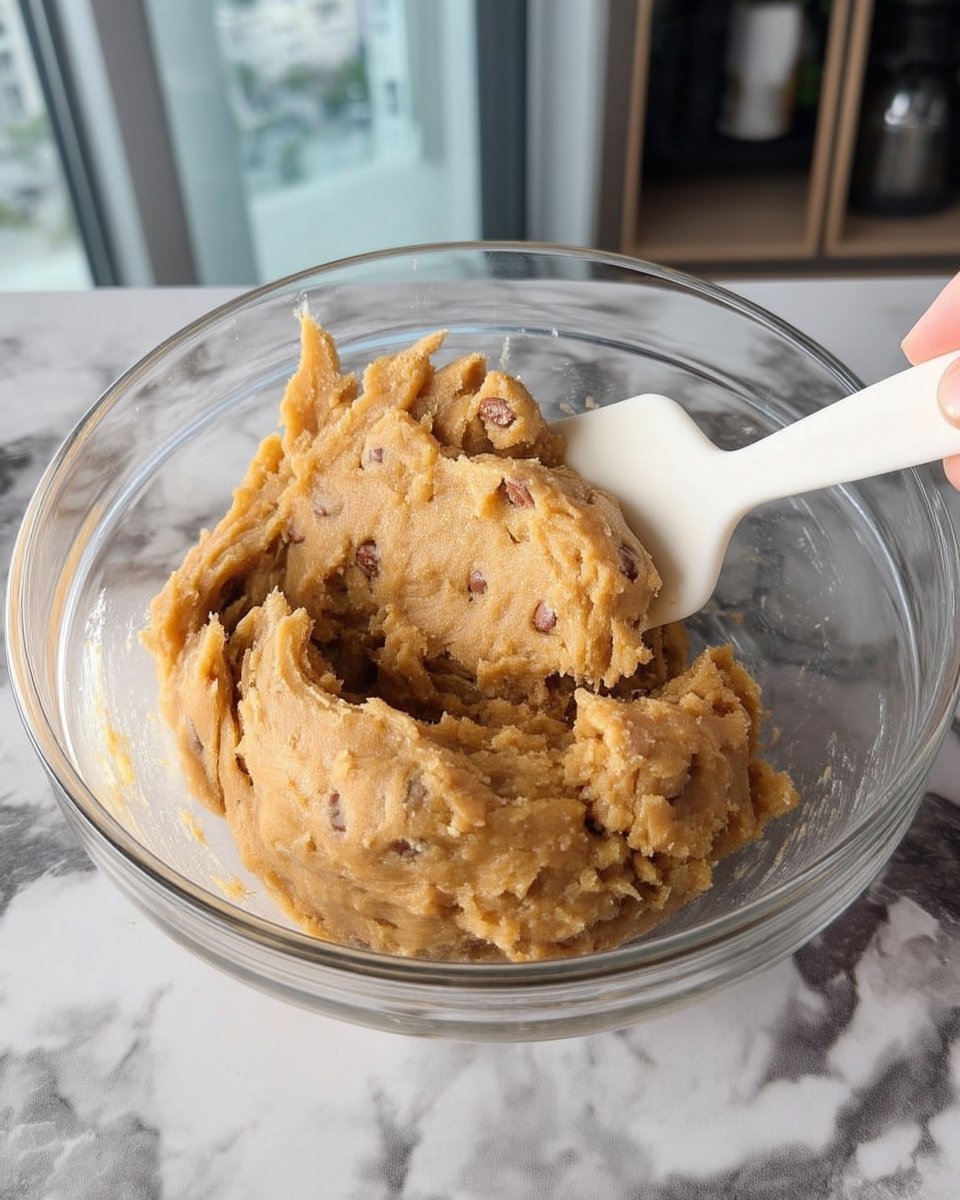 Ingredients for thick chocolate chip cookies including toasted sugar, butter, and chocolate chips.