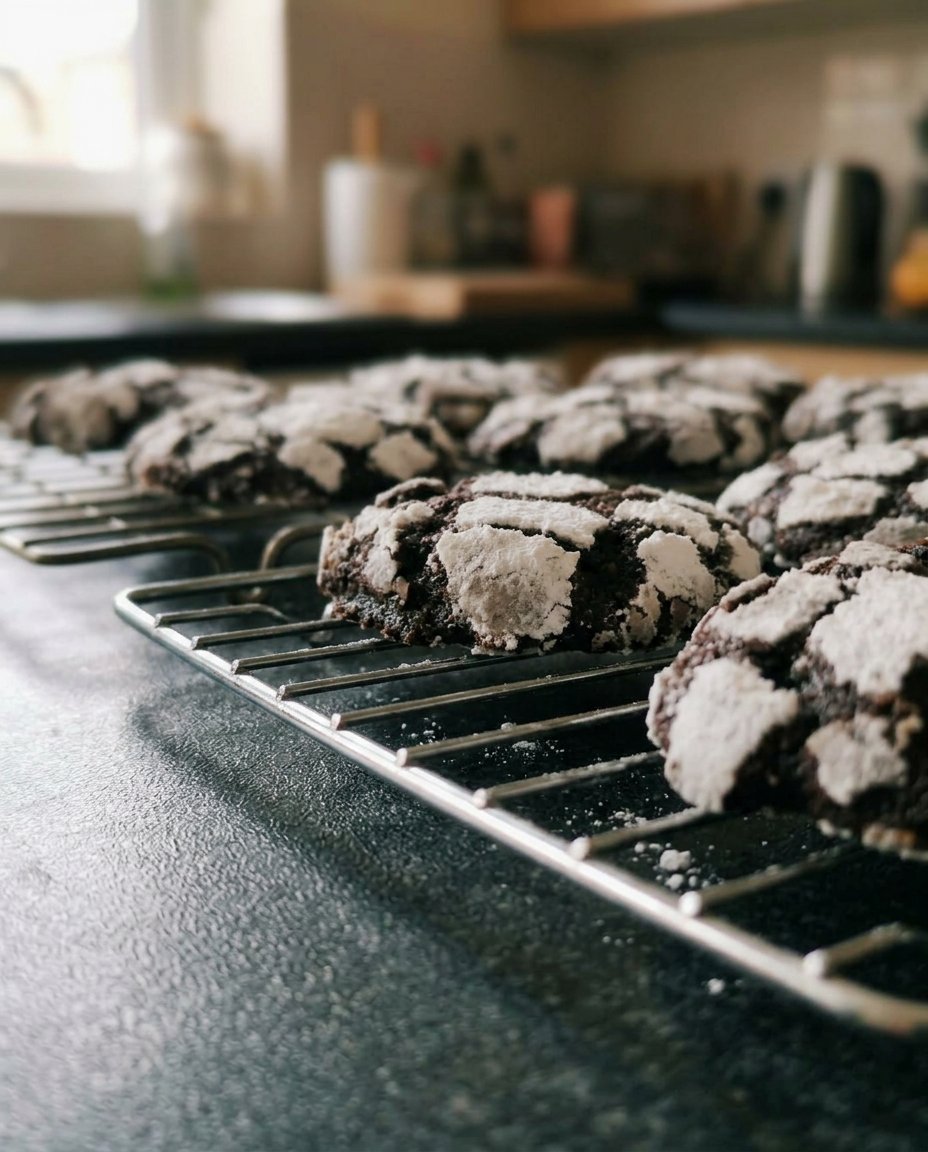 A close up of a chocolate crinkle cookie showing deep cracks and powdered sugar coating