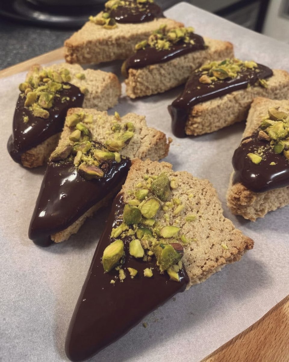Chocolate dipped shortbread cookies stacked on a wooden board