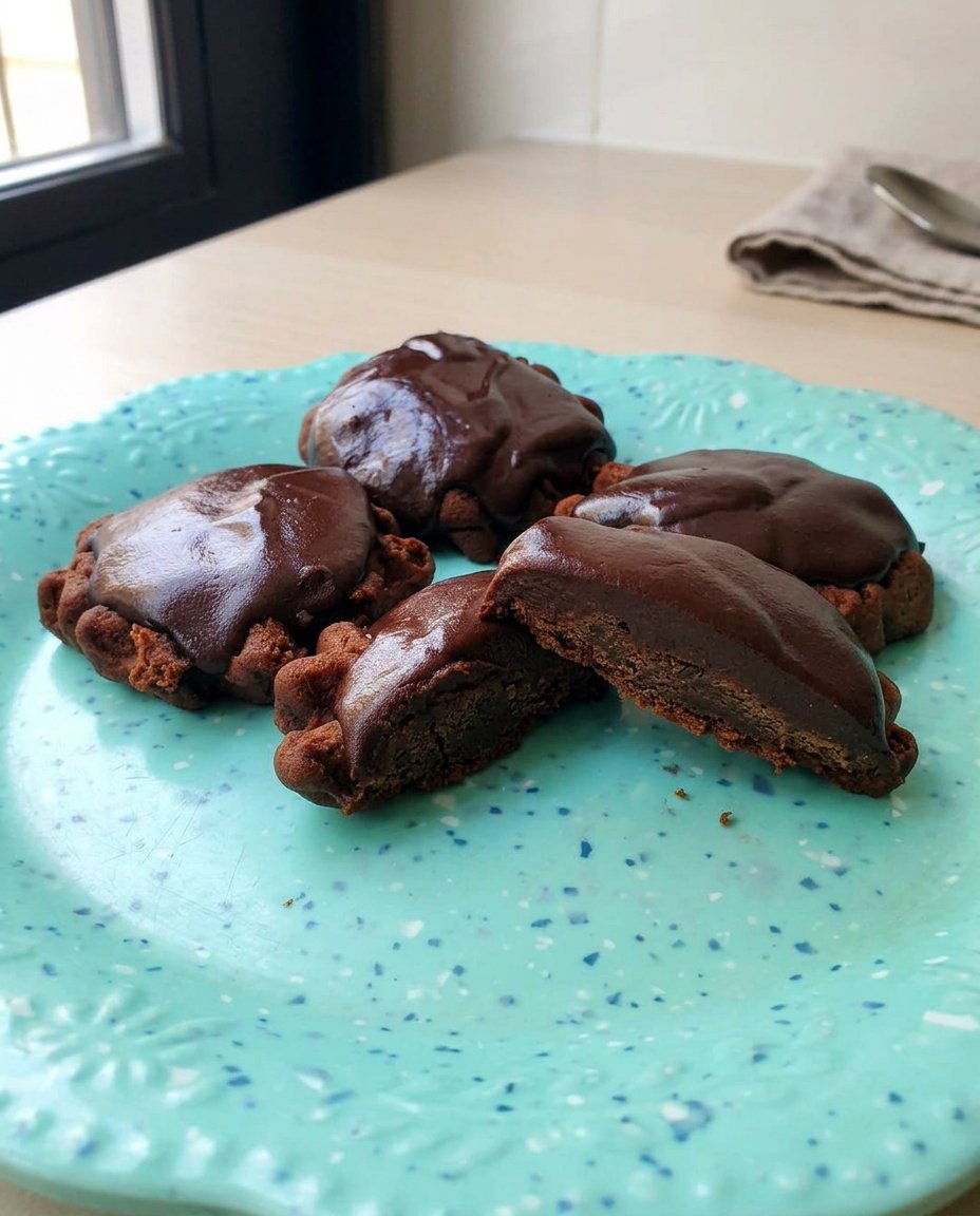 Dark chocolate cookies stuffed with caramel and topped with pecans