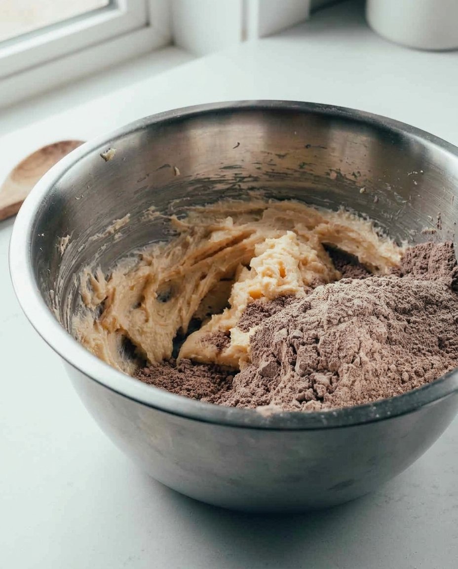 Bowls of cocoa powder, granulated sugar, and unsalted butter on a rustic wooden table