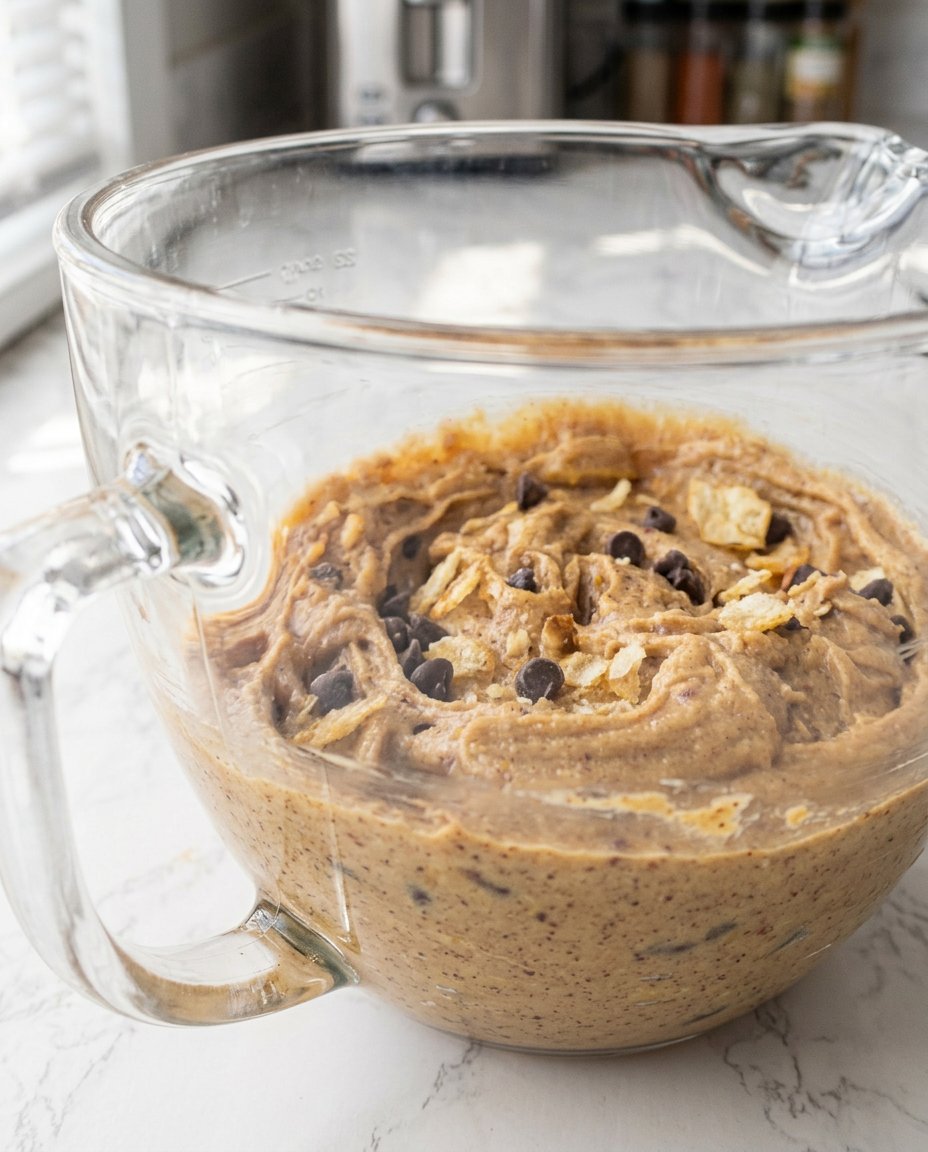 Cookie dough with potato chips and chocolate chips in a glass bowl.