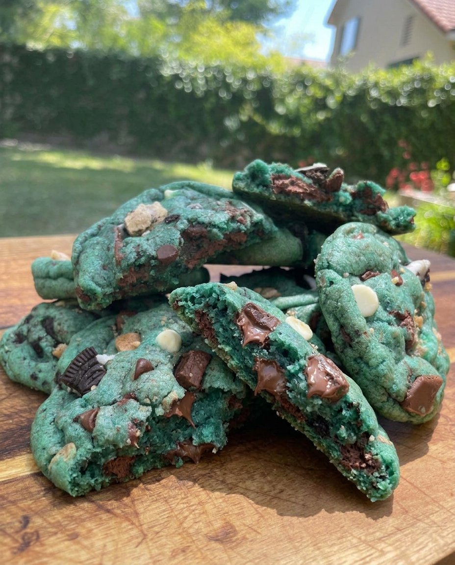 Close up of bright blue Cookie Monster cookies with candy eyes and cookie chunks