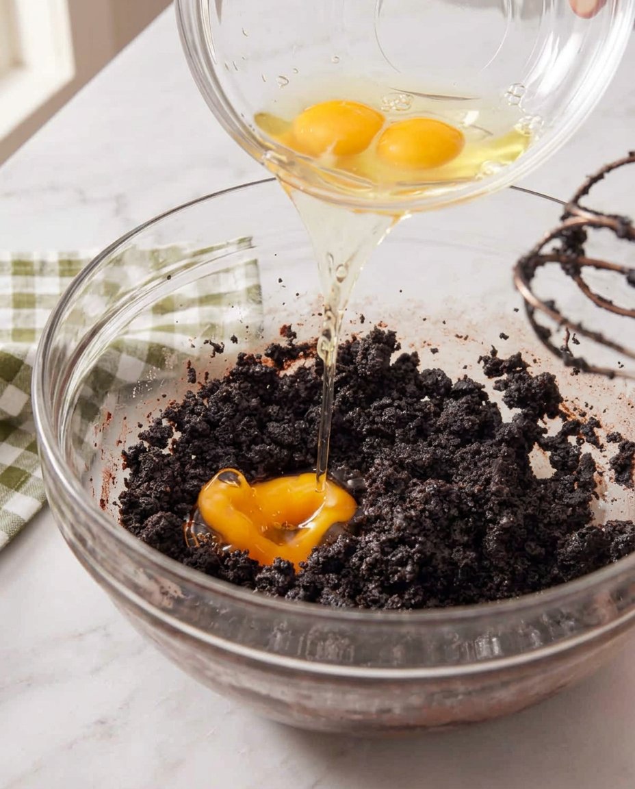Bowls of cocoa powder, vegetable oil, and flour arranged on a marble surface