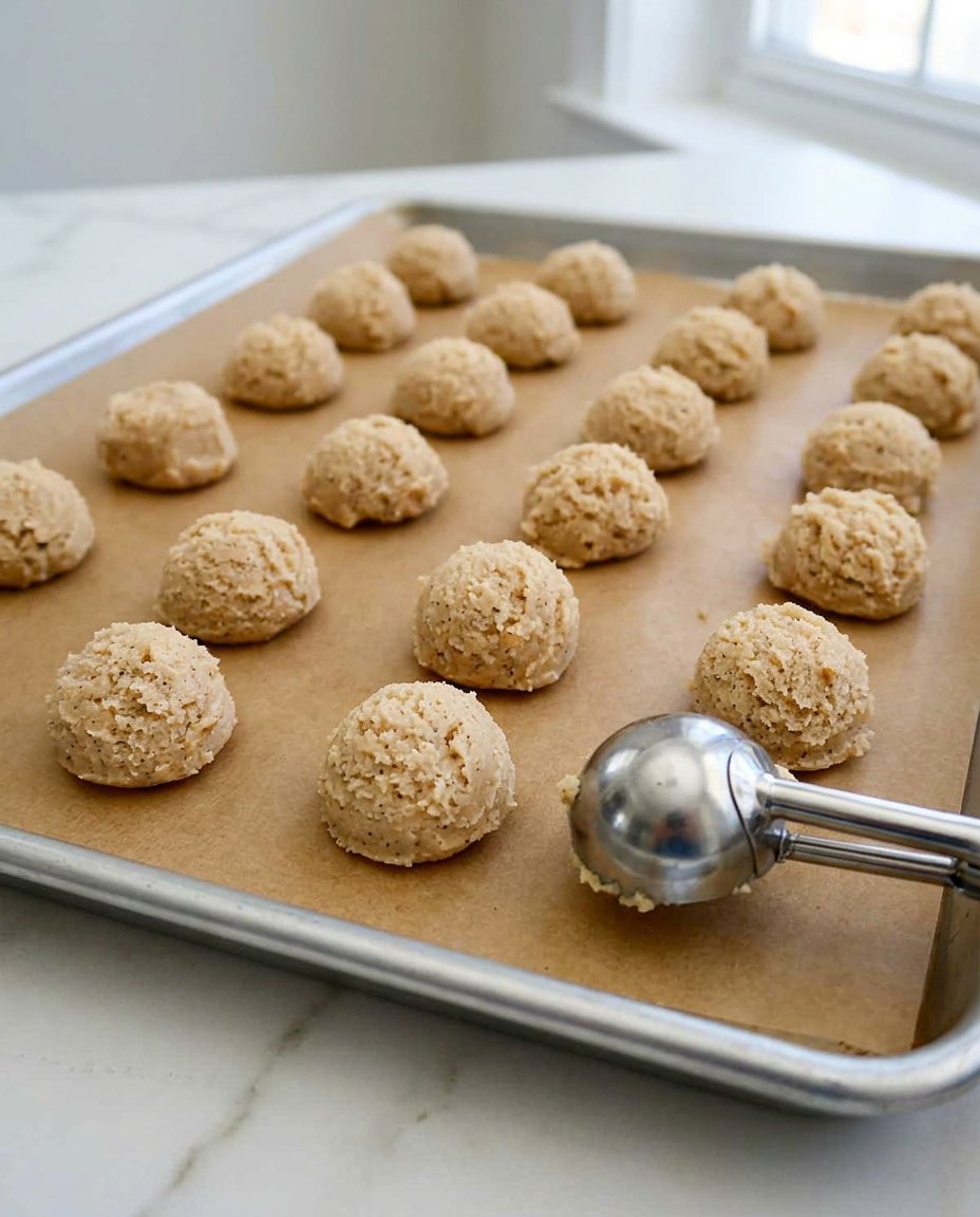 A fork pressing a criss cross pattern into peanut butter cookie dough