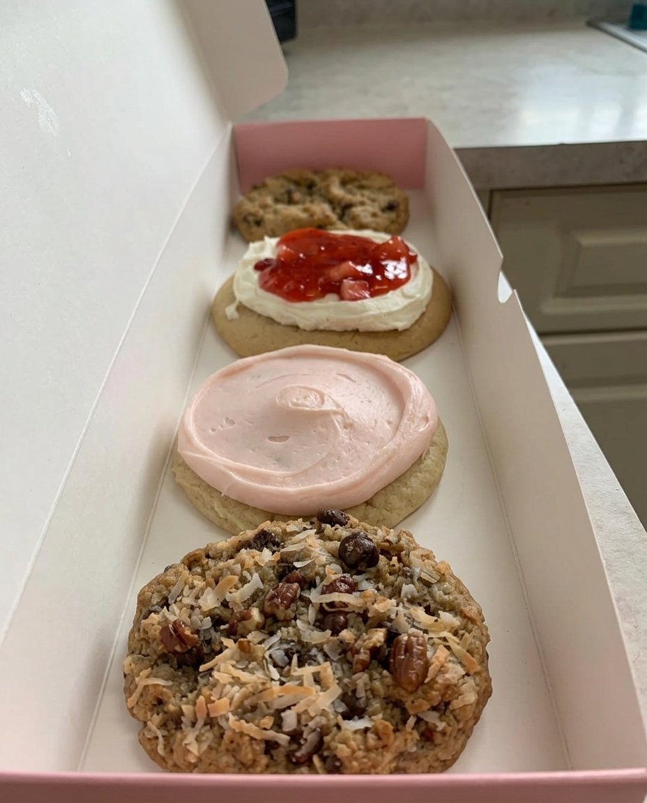 A close up of giant Crumbl chocolate chip cookies with melted milk chocolate