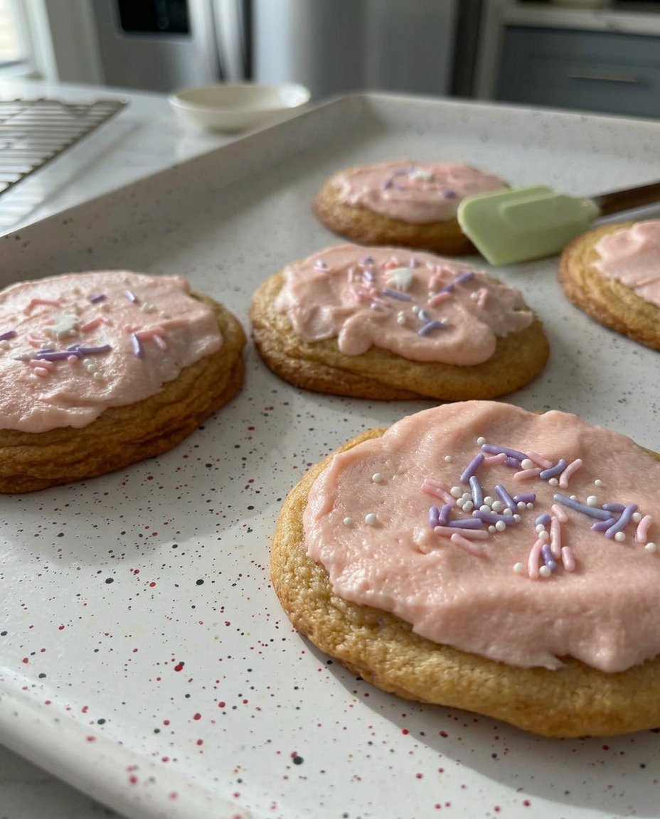 A tray of pink frosted Crumbl sugar cookies with a dense crumb