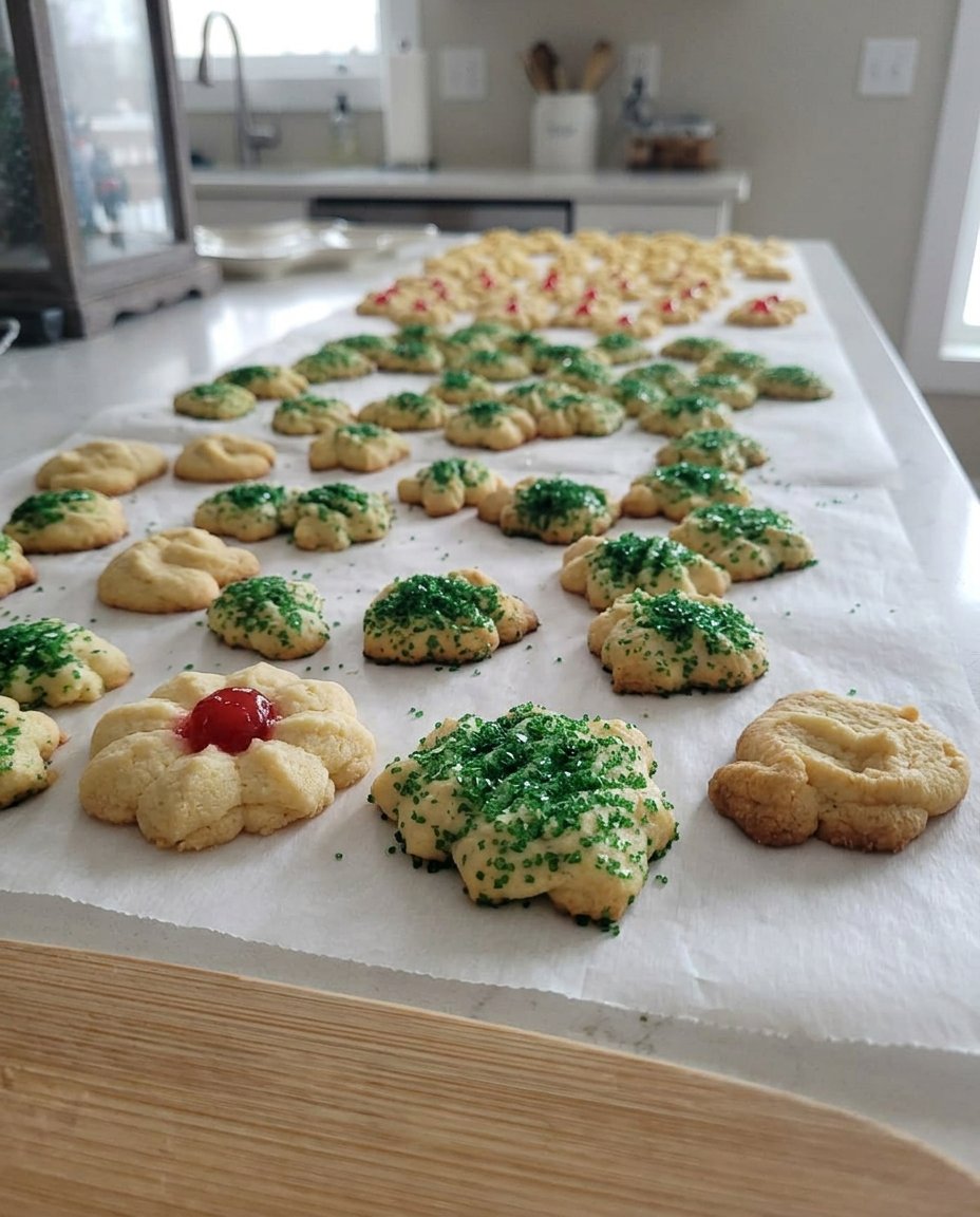 A decorative gift box filled with vanilla spritz cookies and ribbons