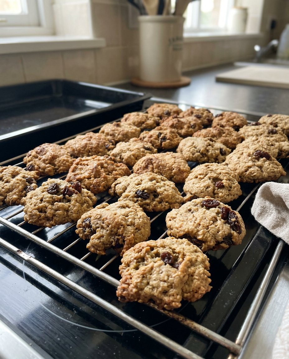 A stack of freshly baked double oatmeal raisin cookies on a wooden table.